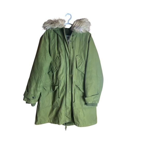 ASOS Olive Green Faux Fur Hooded Parka Coat Quilted Lined Jacket Women’s Size 12 - Picture 2 of 8